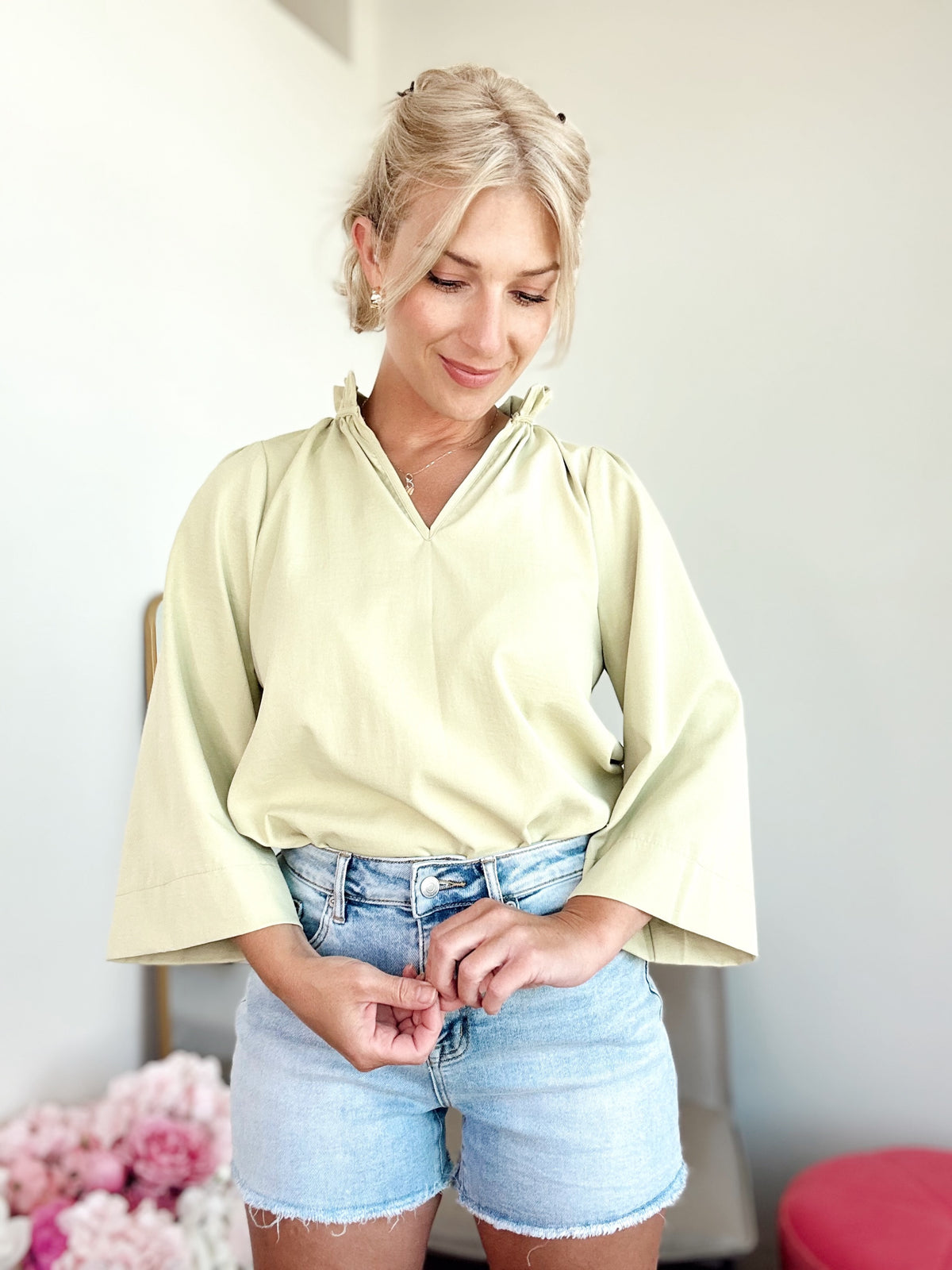 Tina Ruffled Neck Blouse Grass