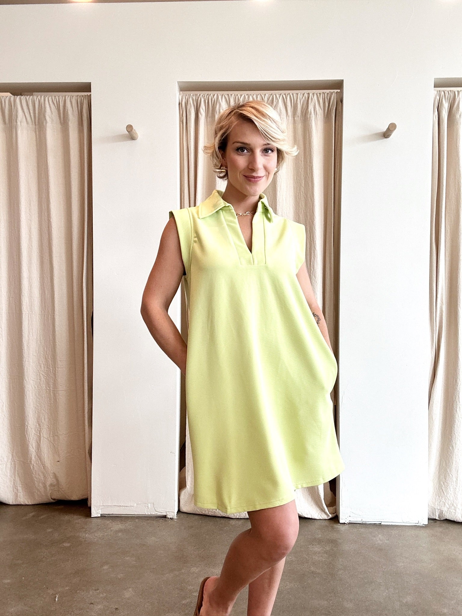 Adley Sleeveless V- Neck Mini Dress Lime