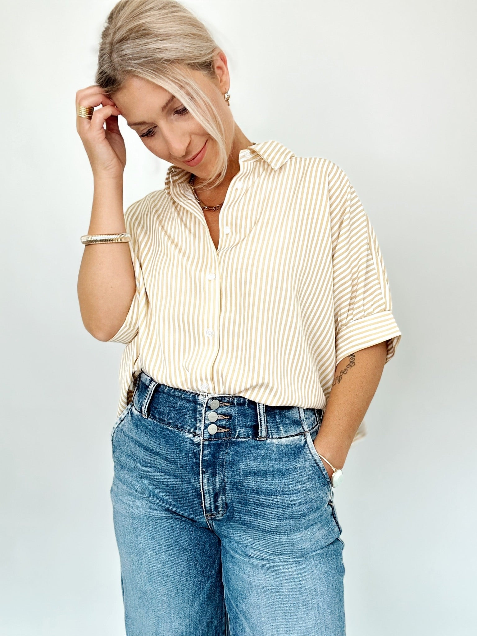 Ellen Button Down Stripe Shirt Taupe