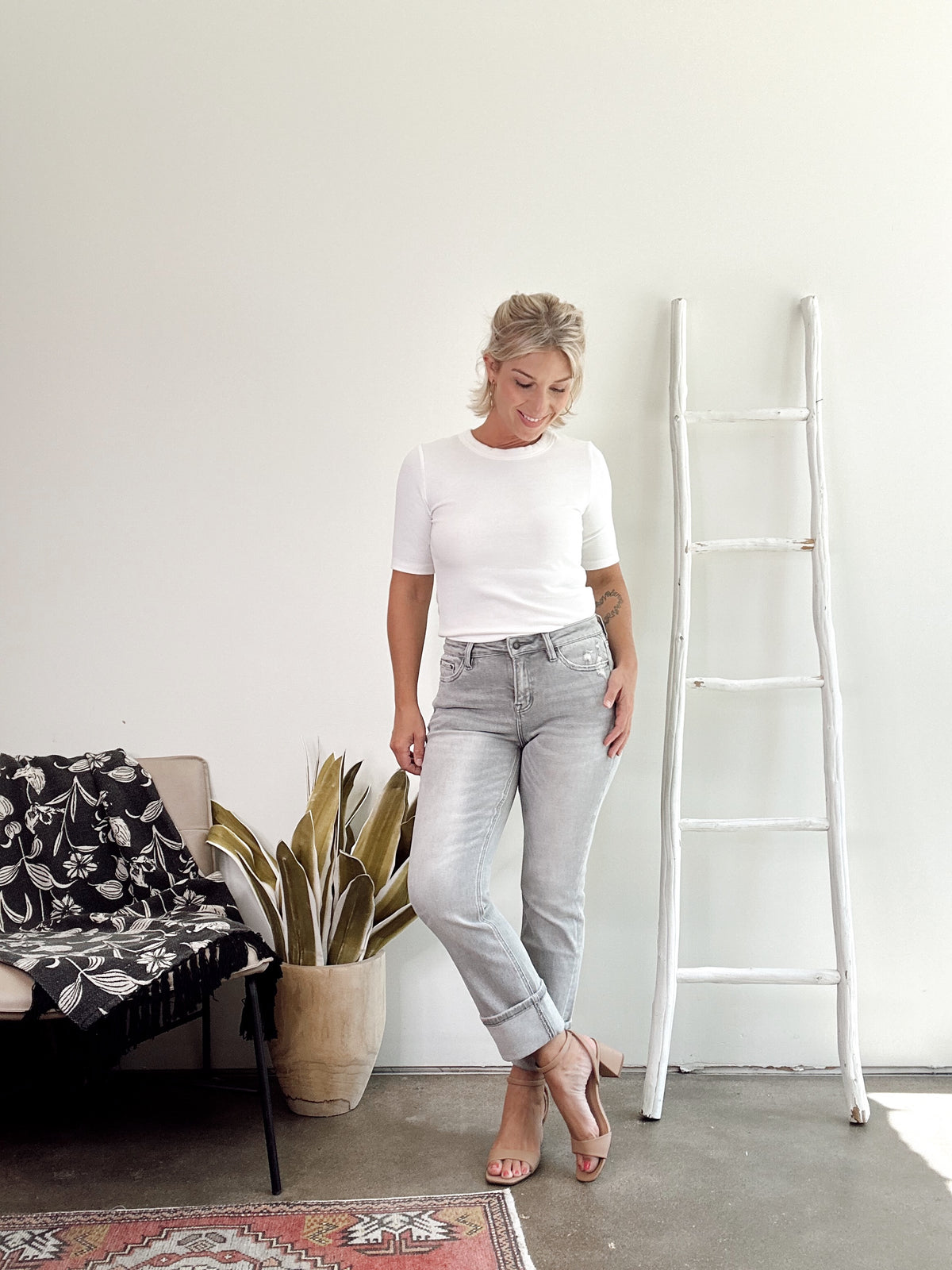 Kim Mid Rise Cuffed Straight Leg Jeans