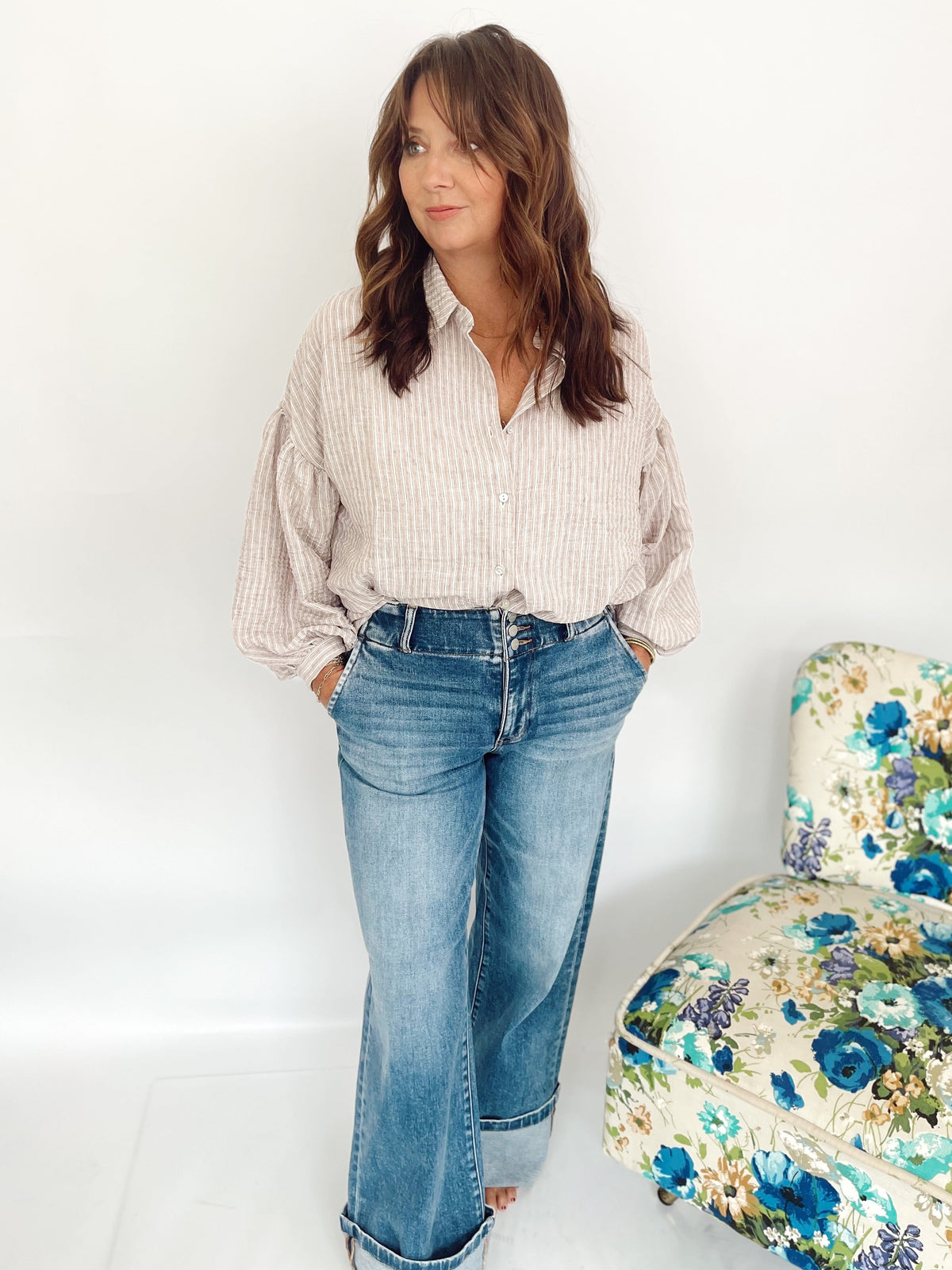 Macie Balloon Sleeve Stripe Shirt Taupe