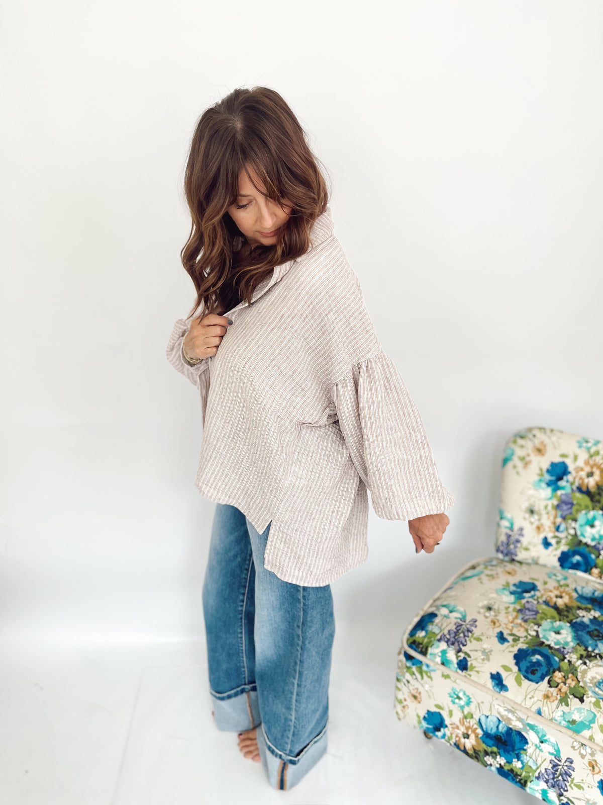 Macie Balloon Sleeve Stripe Shirt Taupe