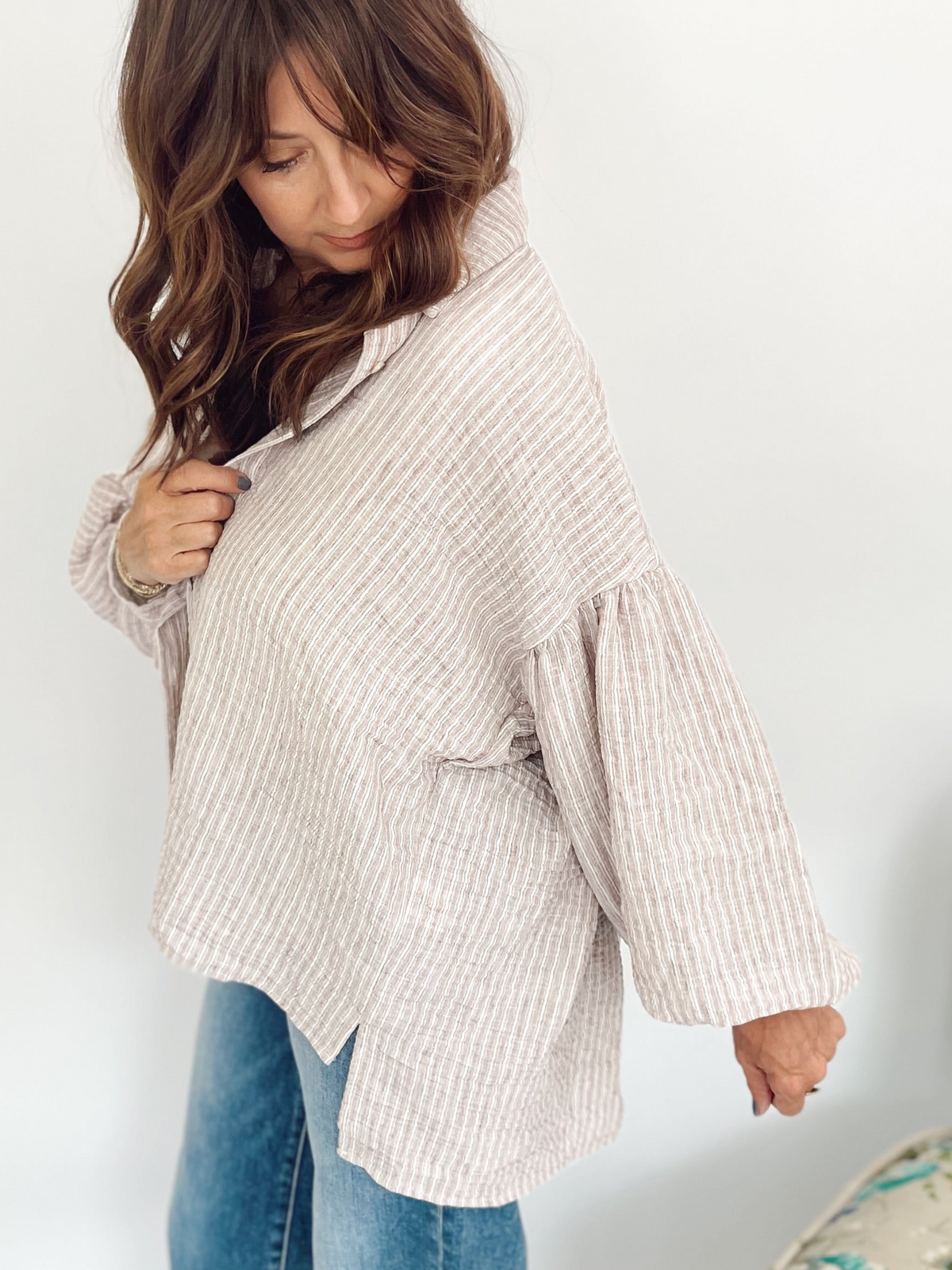 Macie Balloon Sleeve Stripe Shirt Taupe