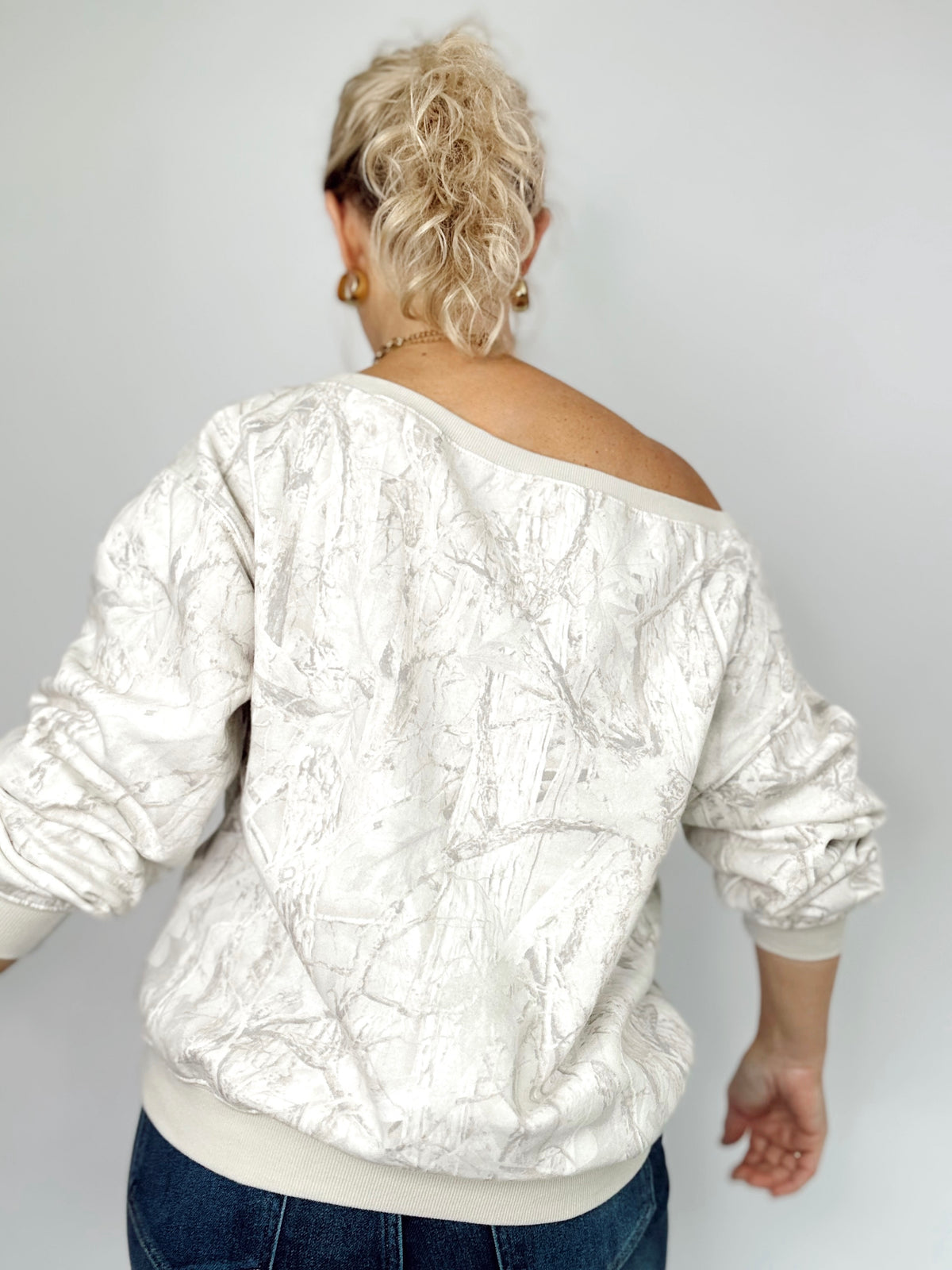 Talia Tree Camo Print Off The Shoulder Sweatshirt Gray