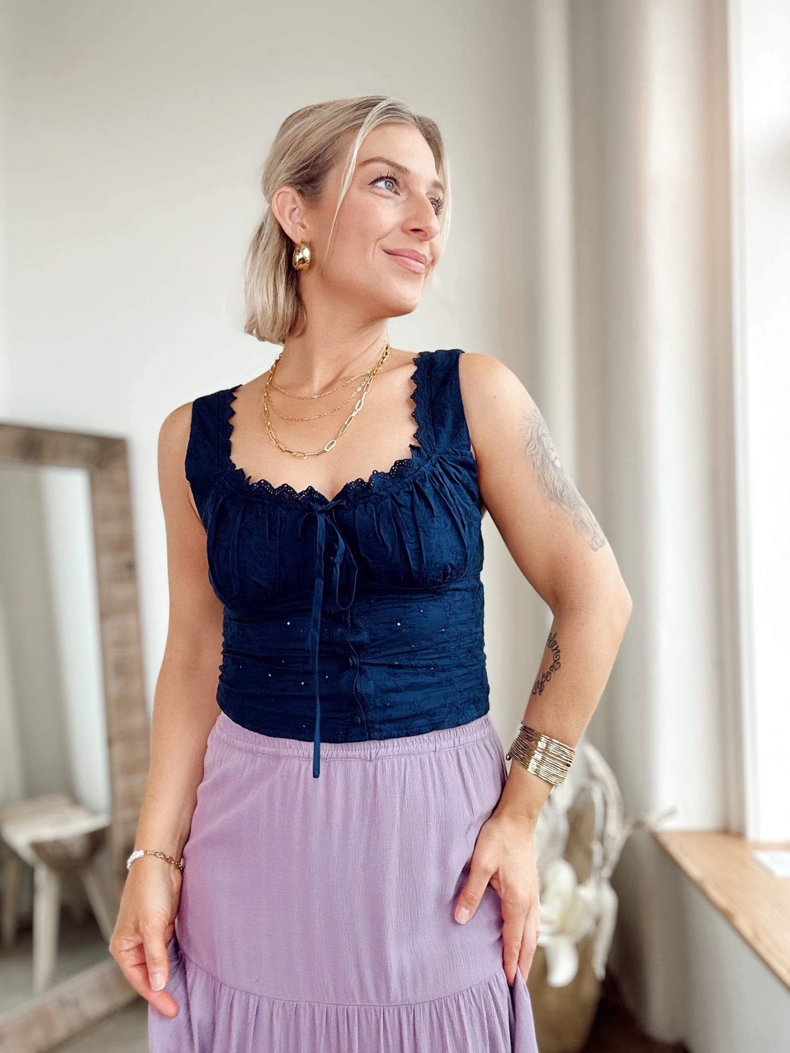 Shay Button Down Eyelet Top Navy