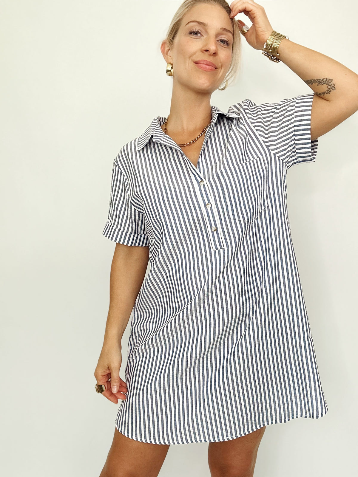 Macy Striped Shirt Dress Navy/White