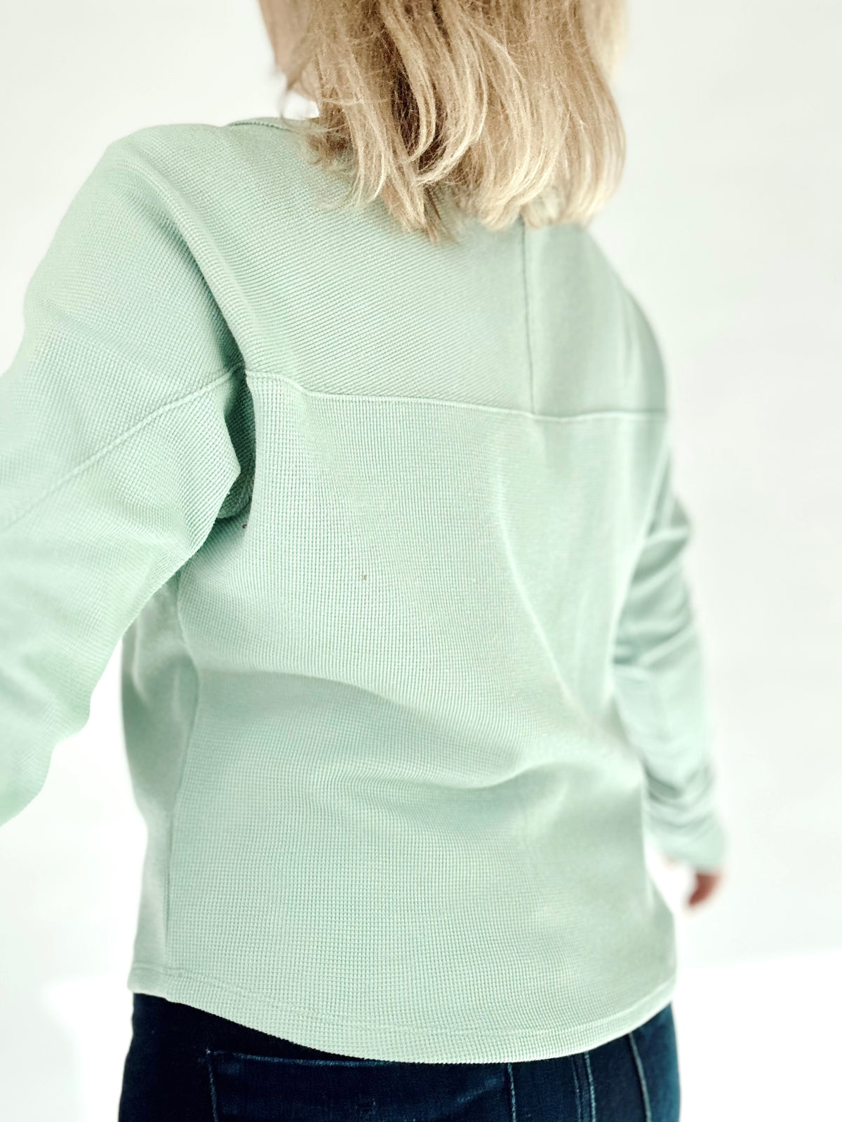 Mindy Thermal Knit Long Sleeve Top Aqua Blue