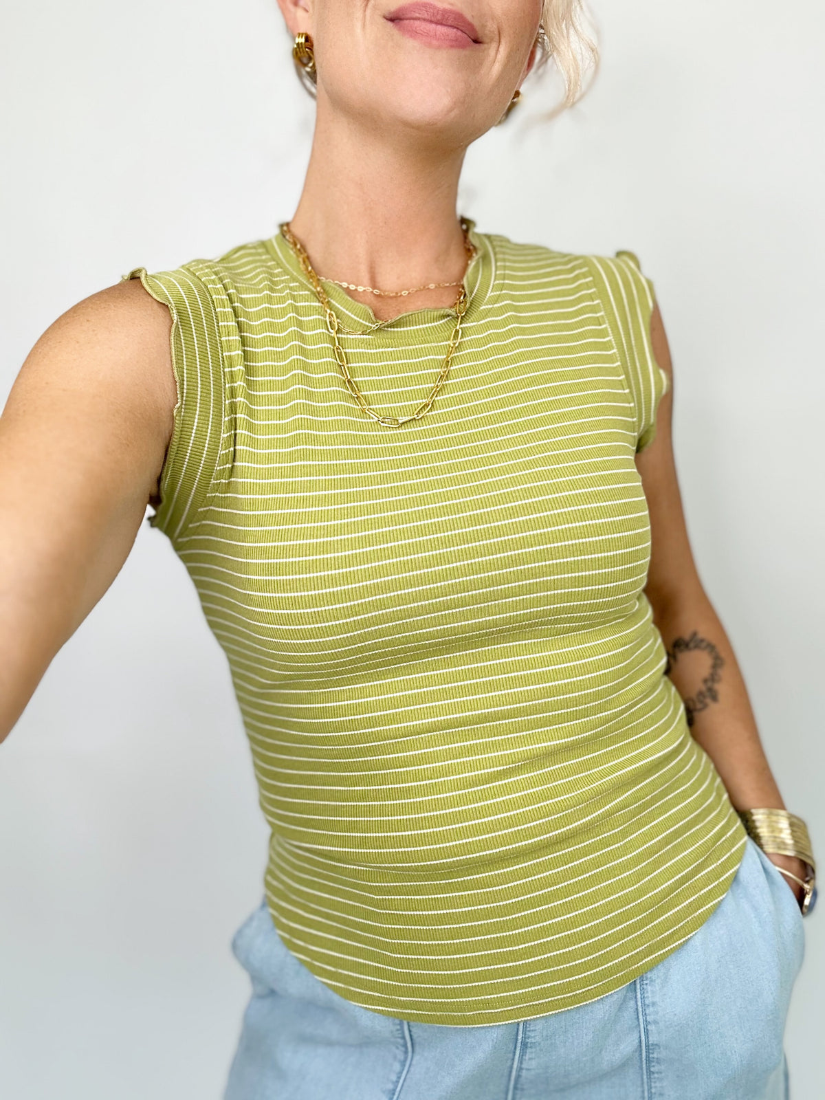 Jojo Stripe Ruffle Sleeve Top Avocado