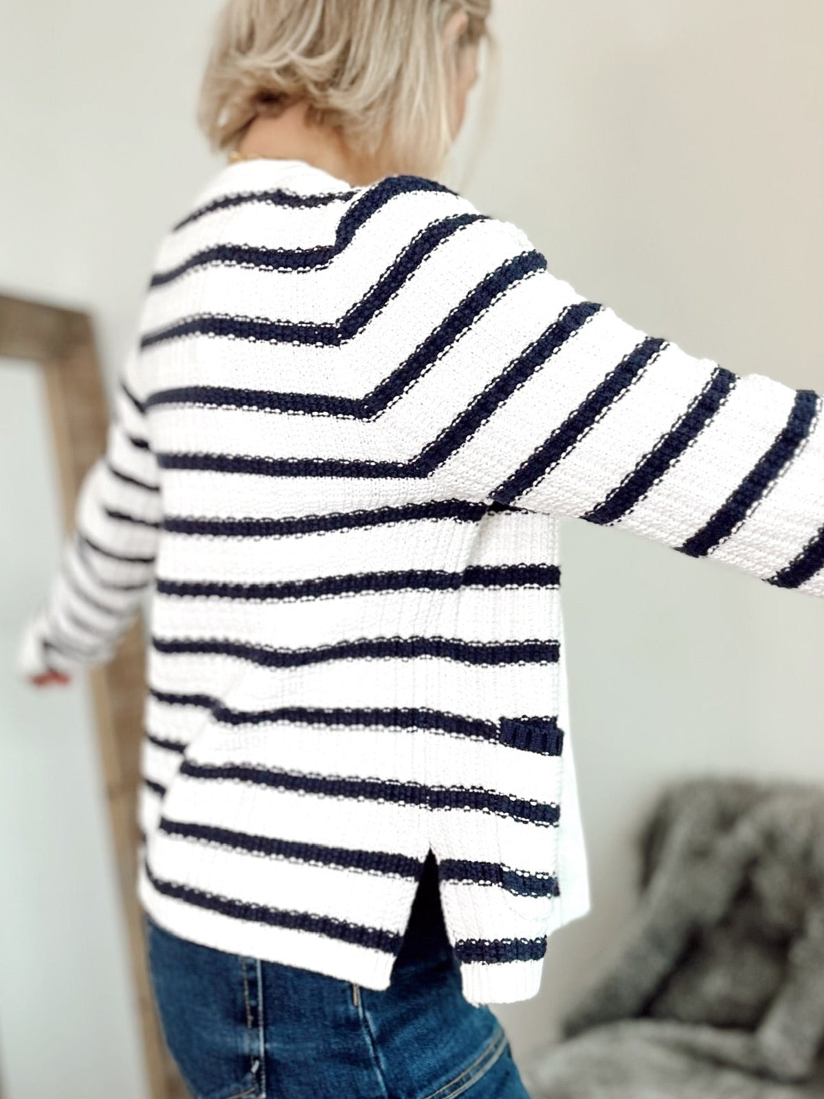 Tara Stripe Open Cardigan Navy