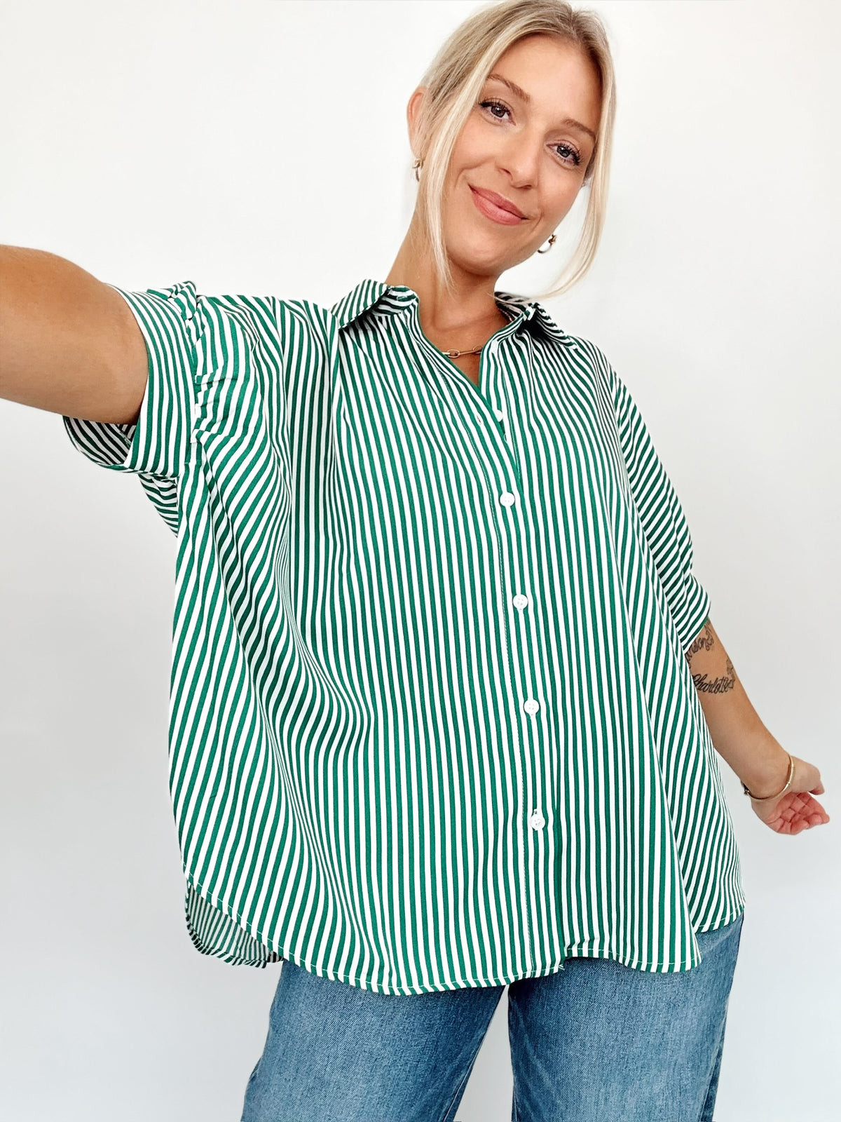 Ellen Button Down Stripe Shirt Green