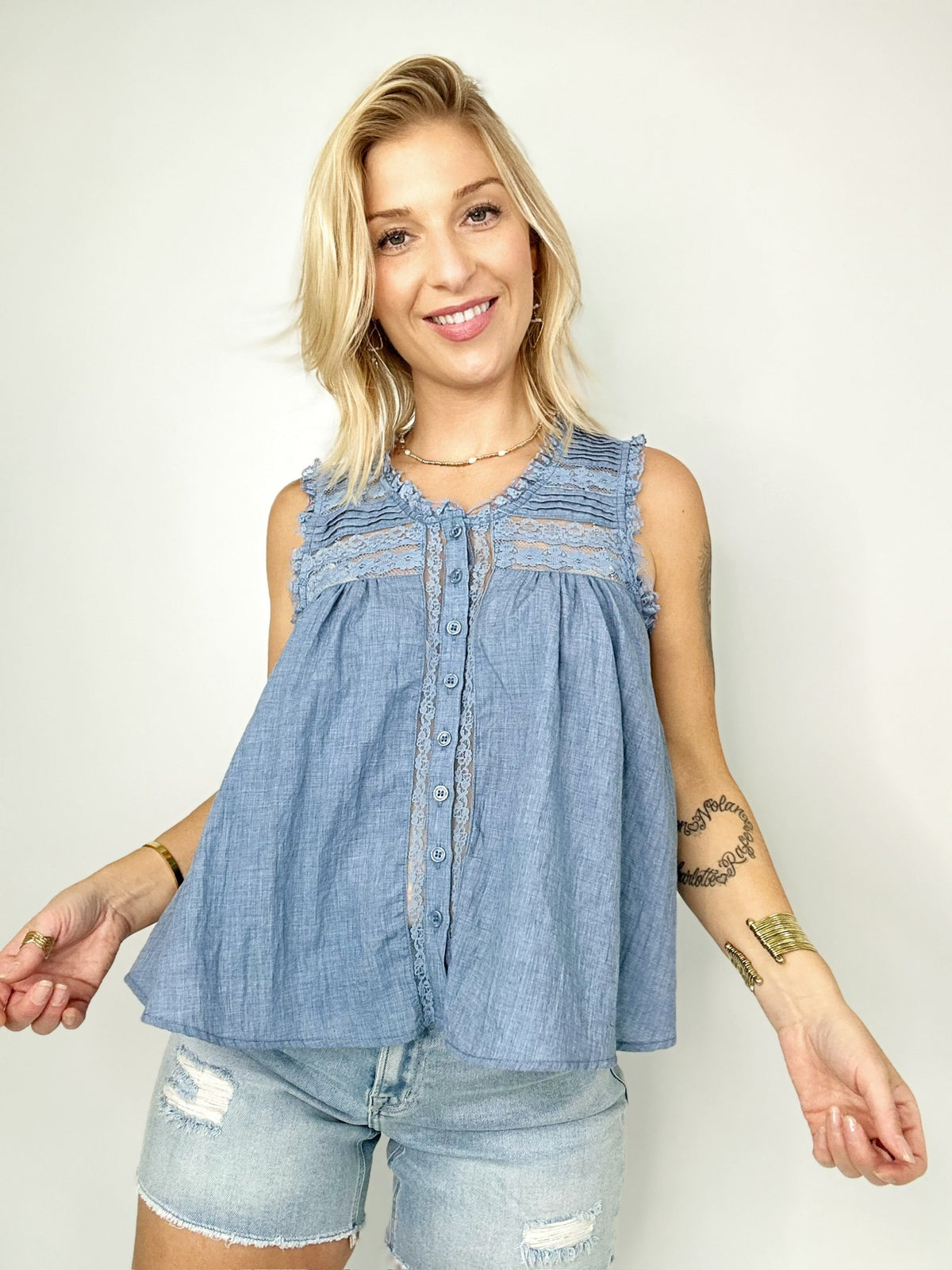 Blaire Boho Lace Ruffle Blouse Denim Blue