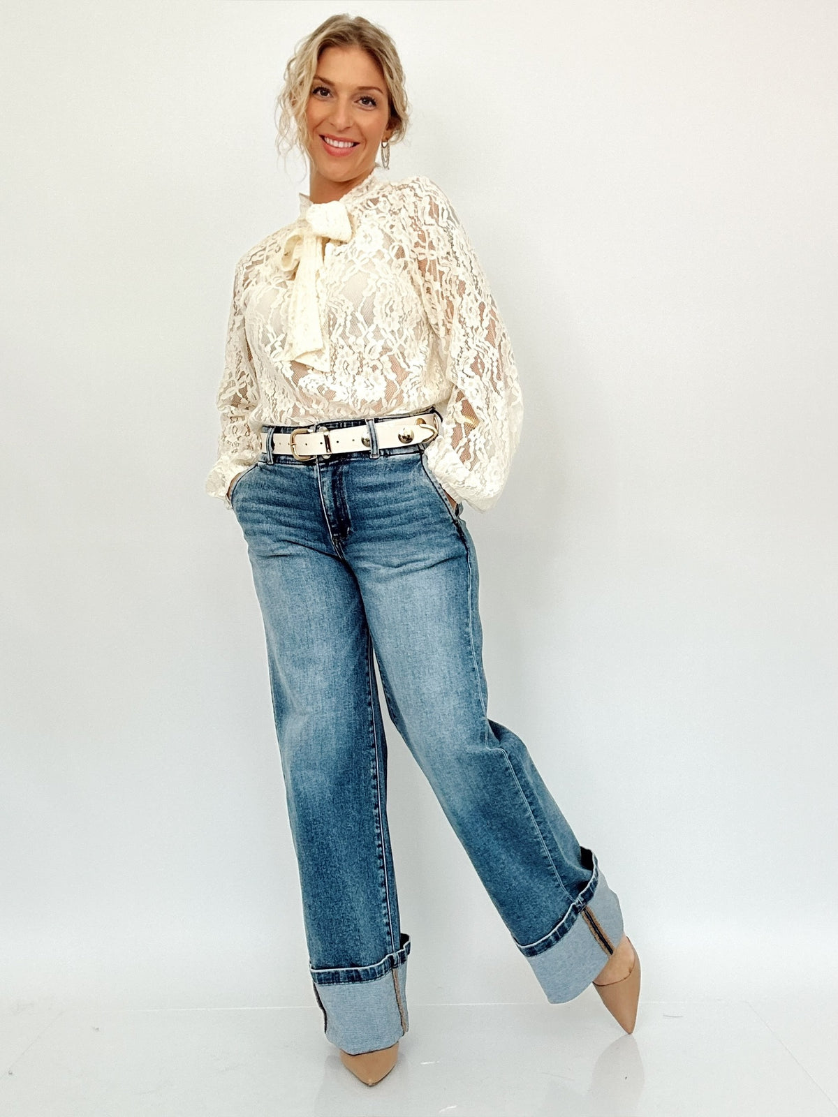 Juliet Sheer Lace Tie Neck Blouse Ivory