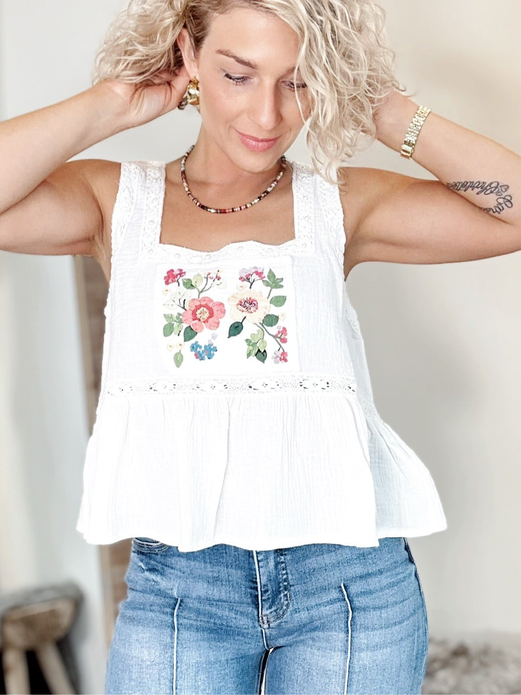 Hillary Floral Square Neck Tank Off White