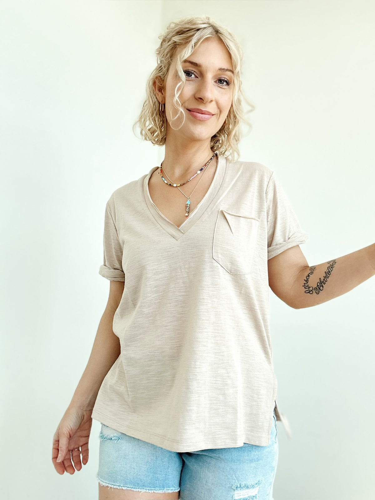 Sydney V-neck Short Sleeve Top Oat