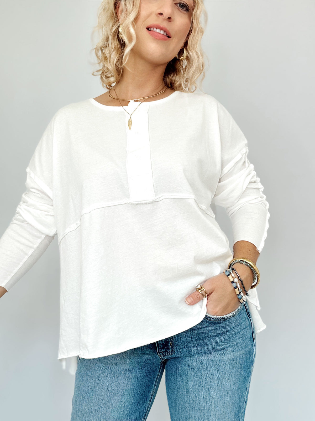 Nadia Oversized Henley Top White