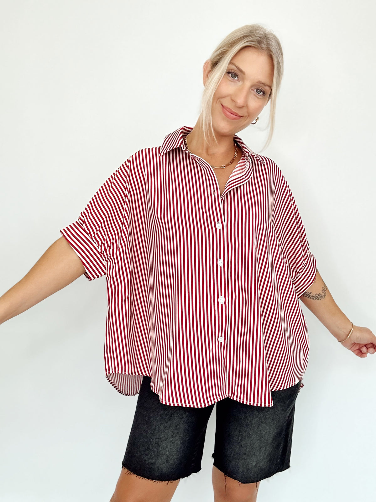 Ellen Button Down Stripe Shirt Red