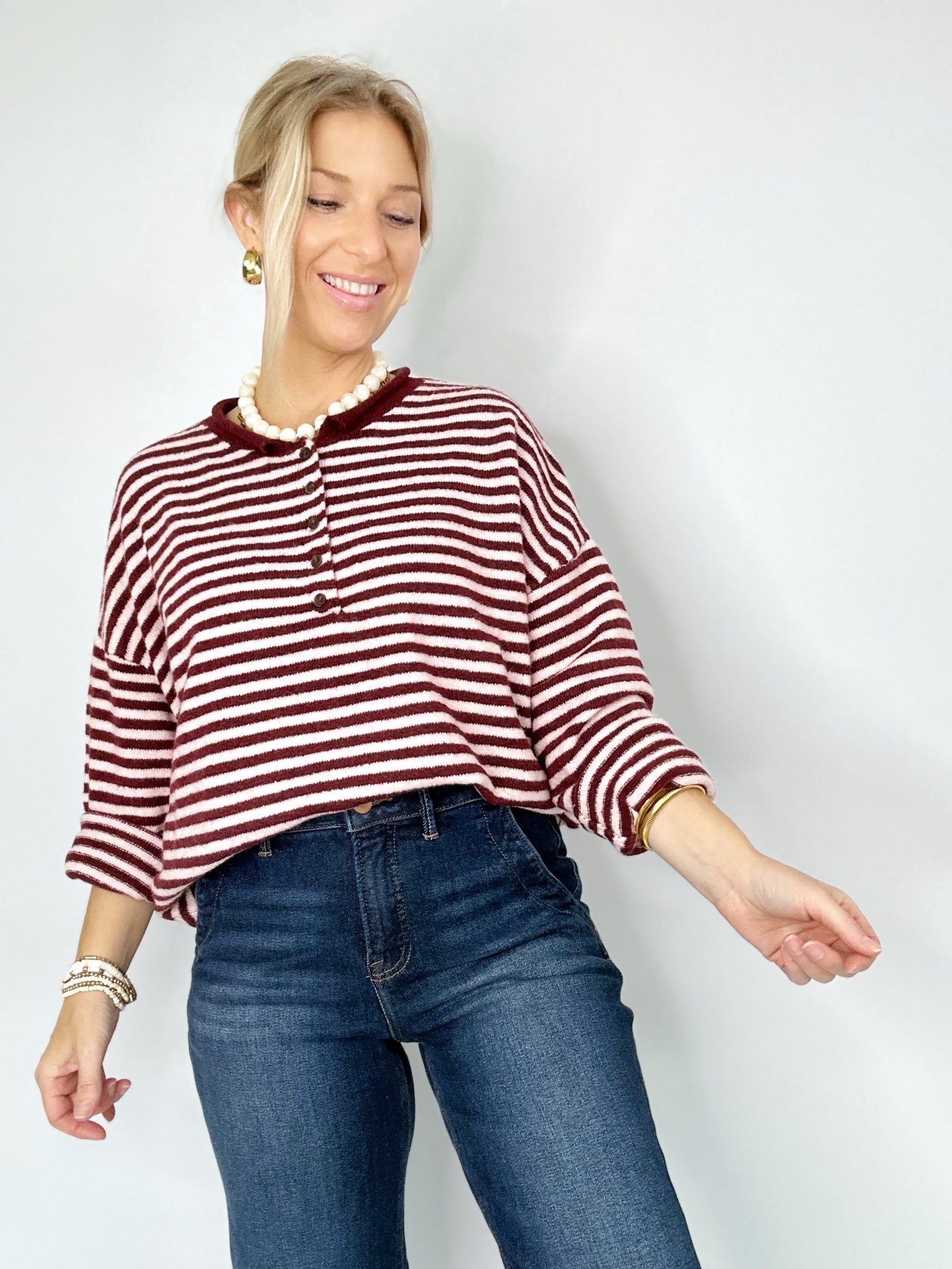 Mindee Henley Stripe Sweater Burgundy