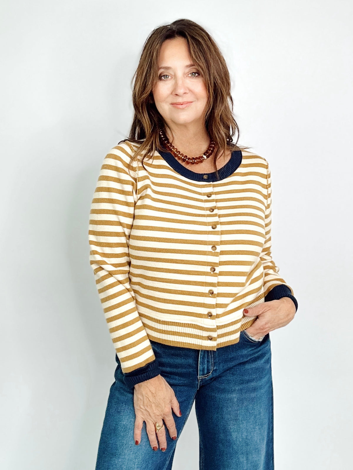 Faith Stripe Button Down Cardigan Mustard/Navy