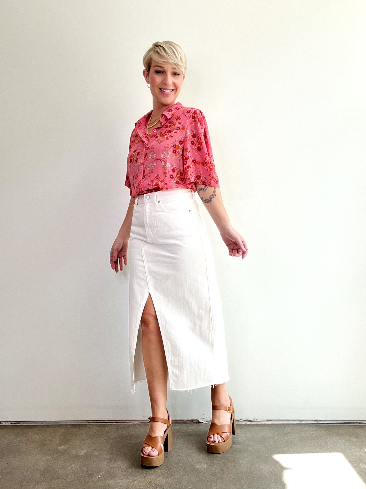 Harlem White Denim Midi Skirt