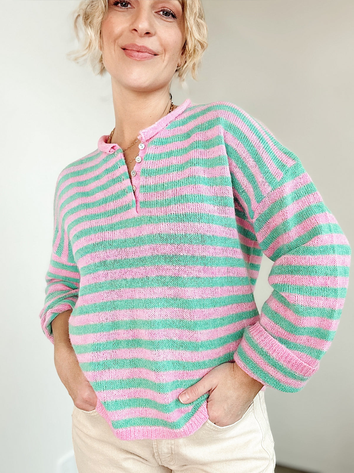 Rue Stripe Half Button Sweater Pink/Mint