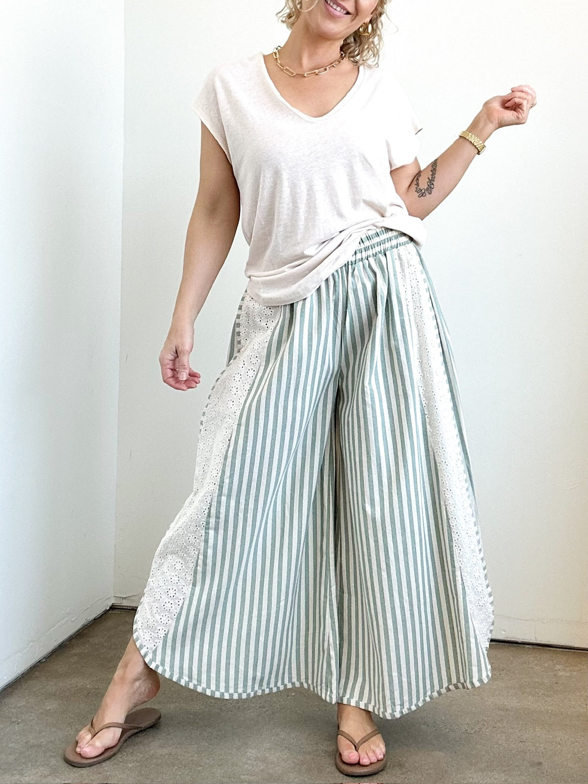 Becky Striped Wide Leg Pants Eucalyptus