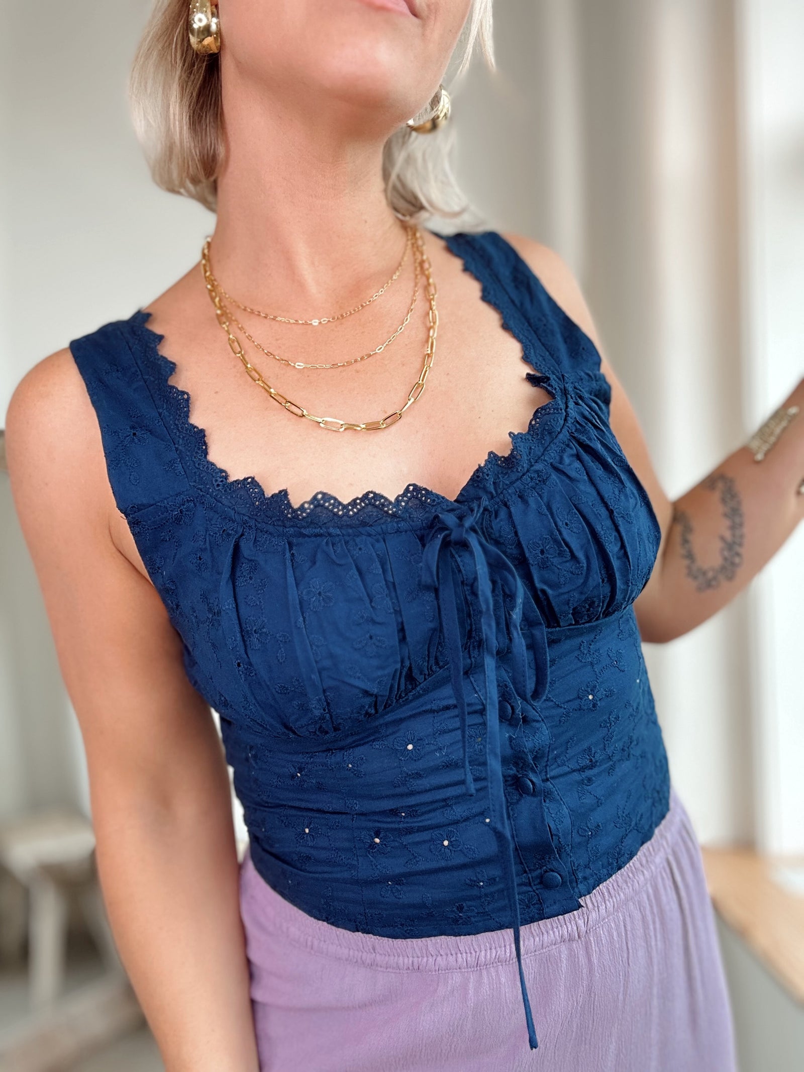 Shay Button Down Eyelet Top Navy