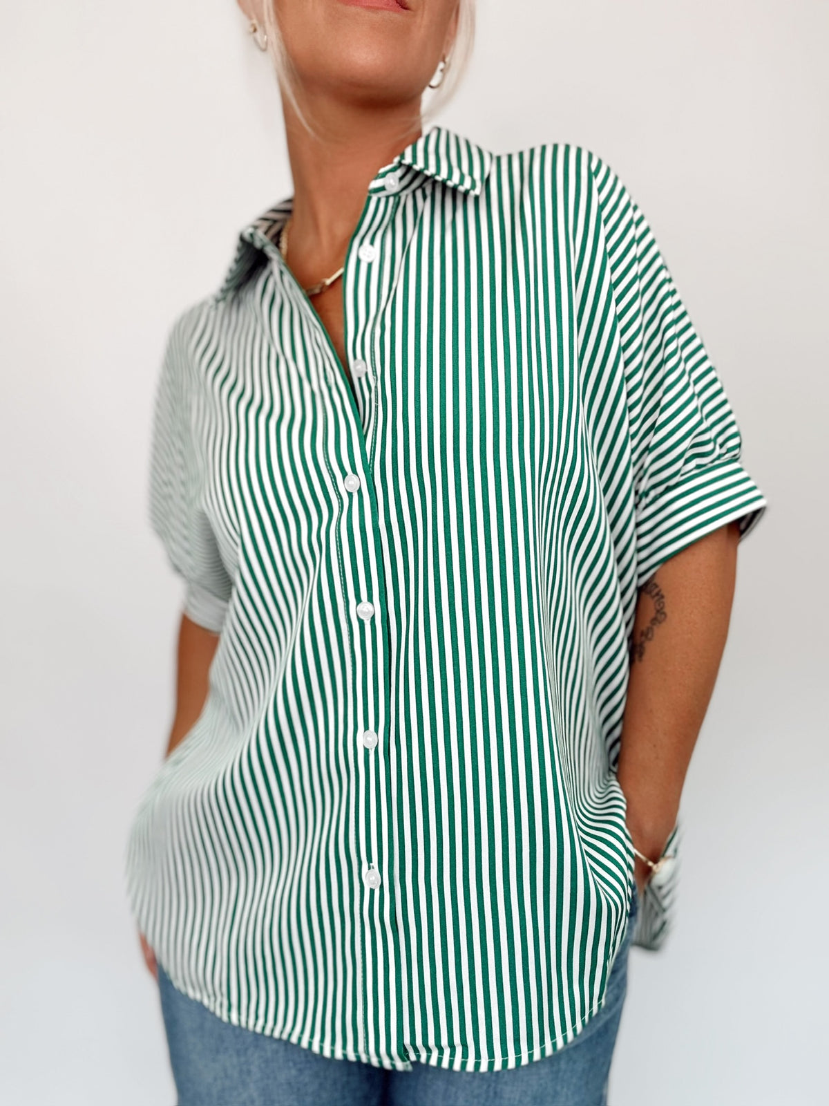 Ellen Button Down Stripe Shirt Green