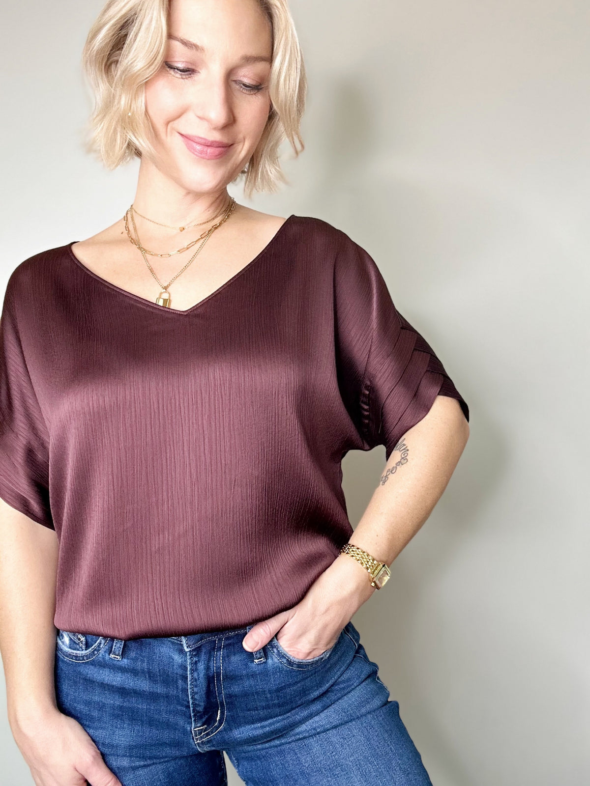 Charlie Crinkle Satin Blouse Chocolate