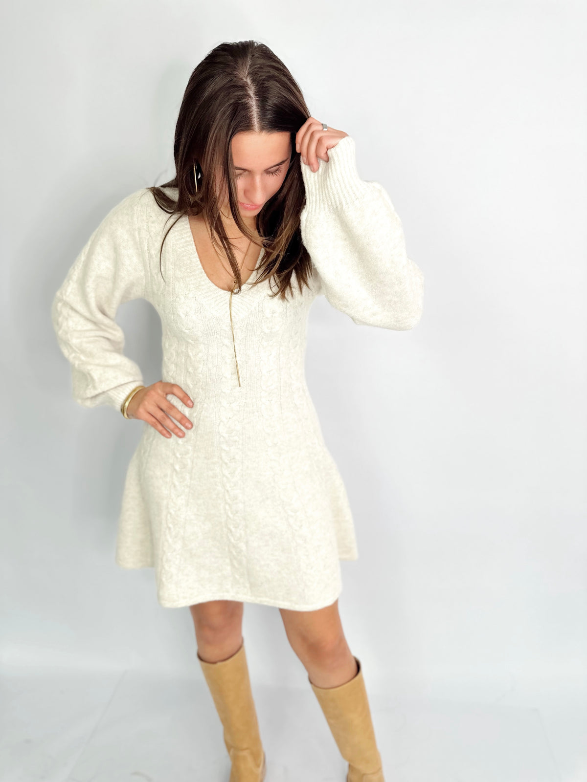 Anita Cable Knit Fit &amp; Flare Mini Dress Oatmeal