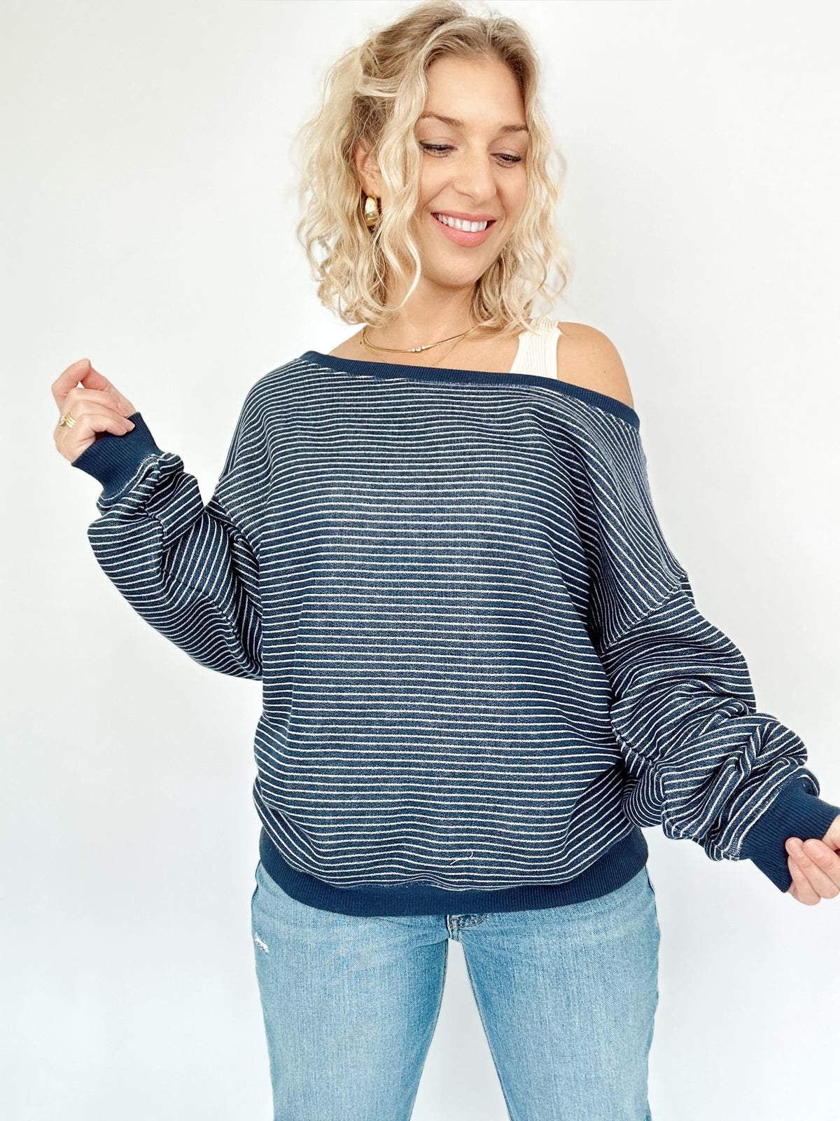Jolene Striped Off The Shoulder Sweatshirt Navy