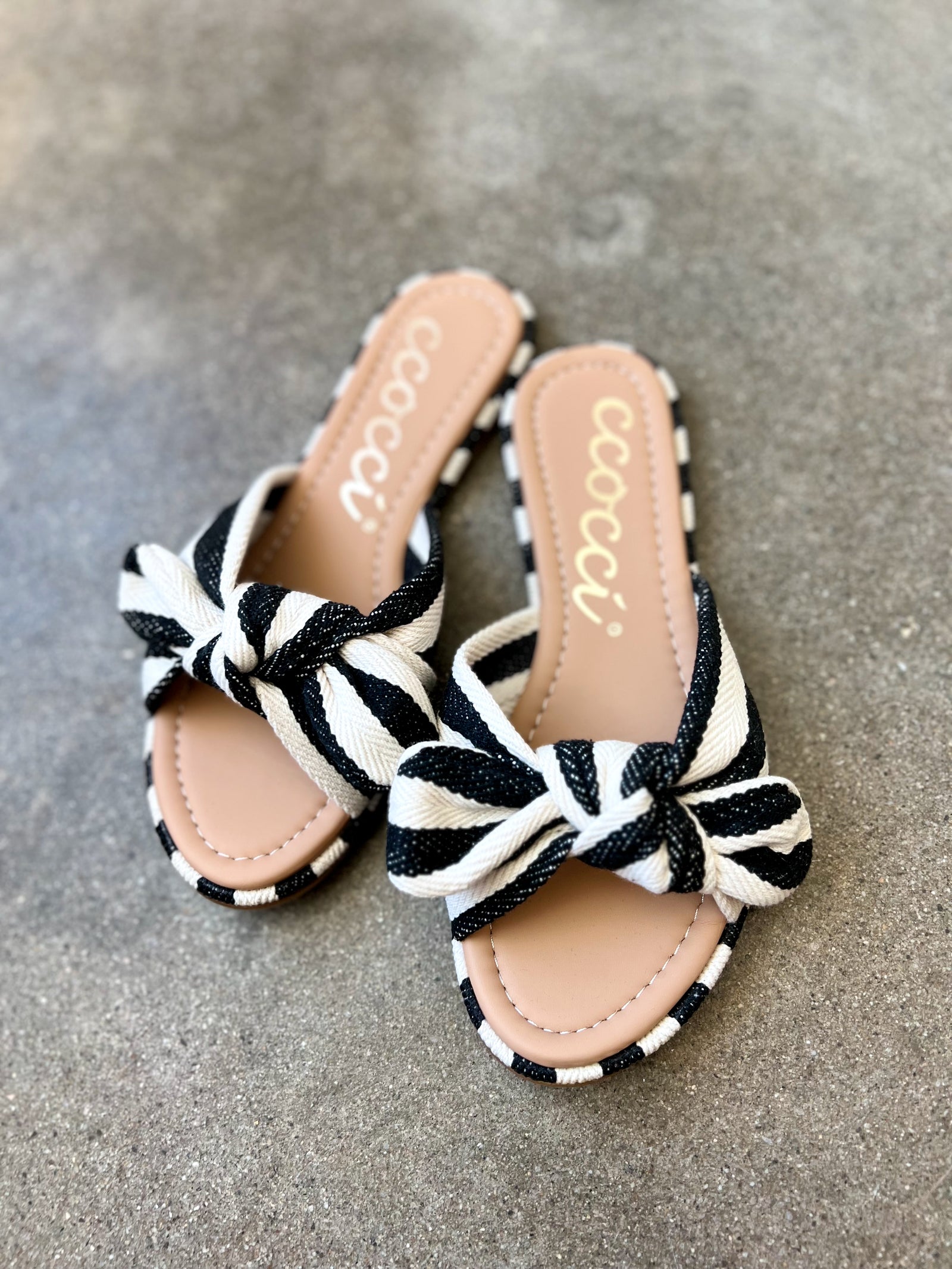 Rachael Striped Canvas Bow Sandal, Black