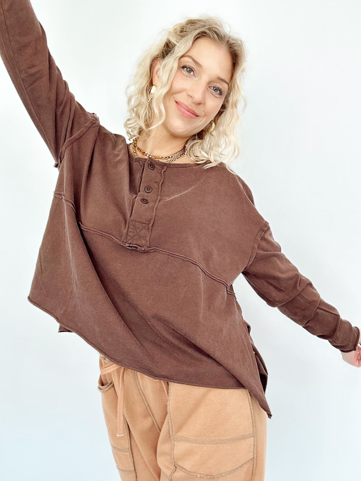 Nadia Oversized Henley Top Dark Brown