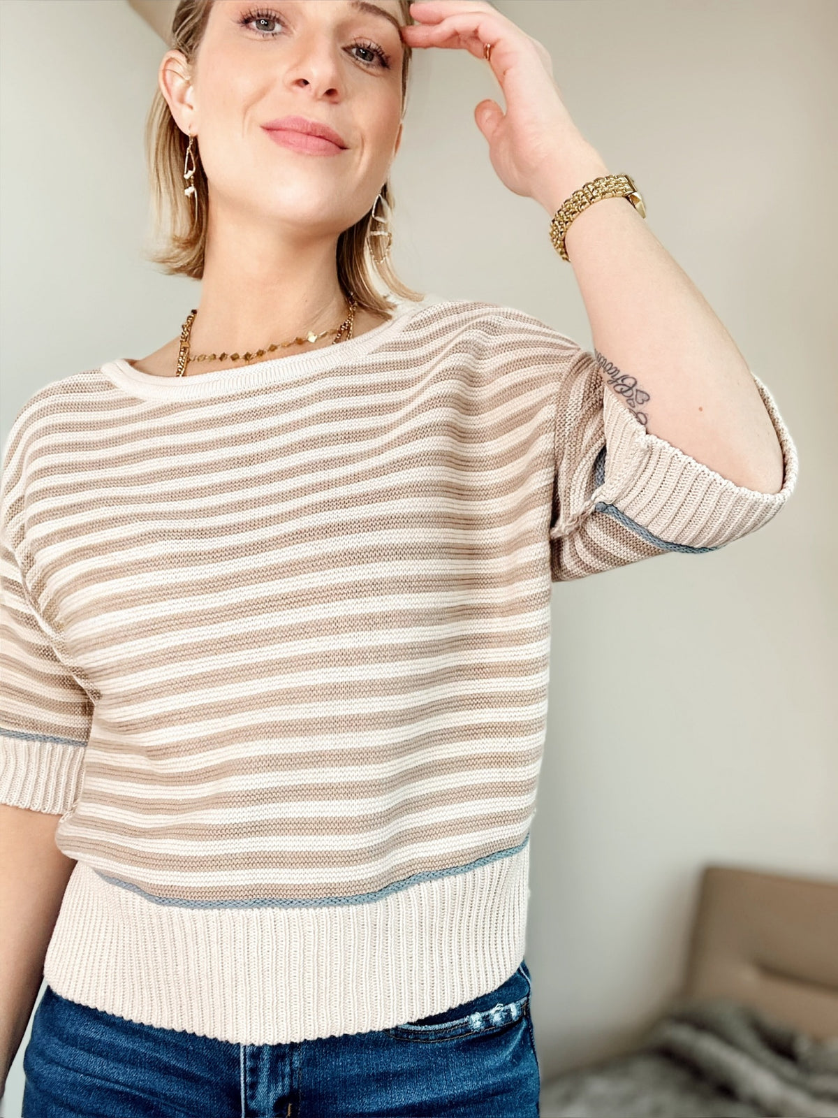 Teddy Stripe Sweater Khaki