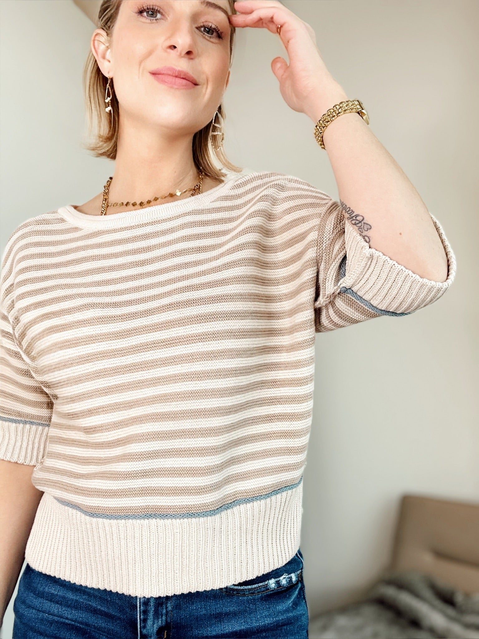 Teddy Stripe Sweater Khaki