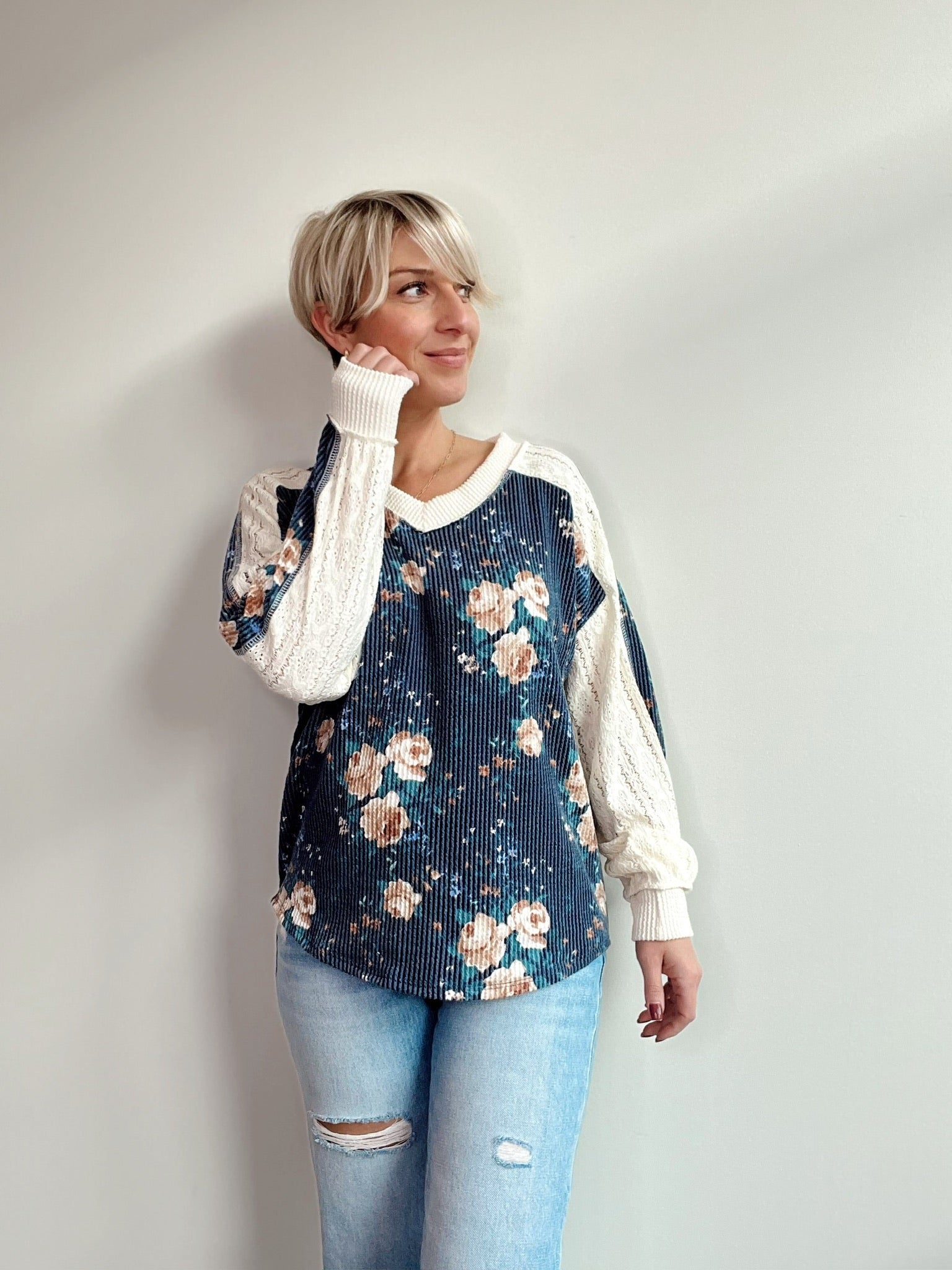 Willa Floral Knit Top W/ Contrast Lace