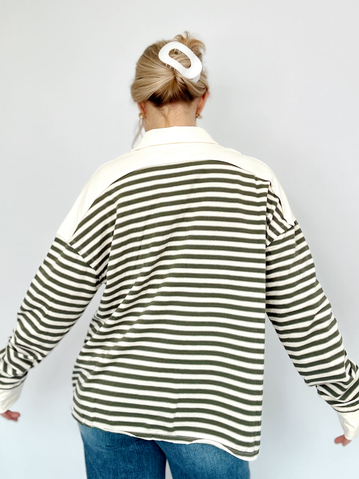 Emma Striped Henley Sweatshirt Olive Gray