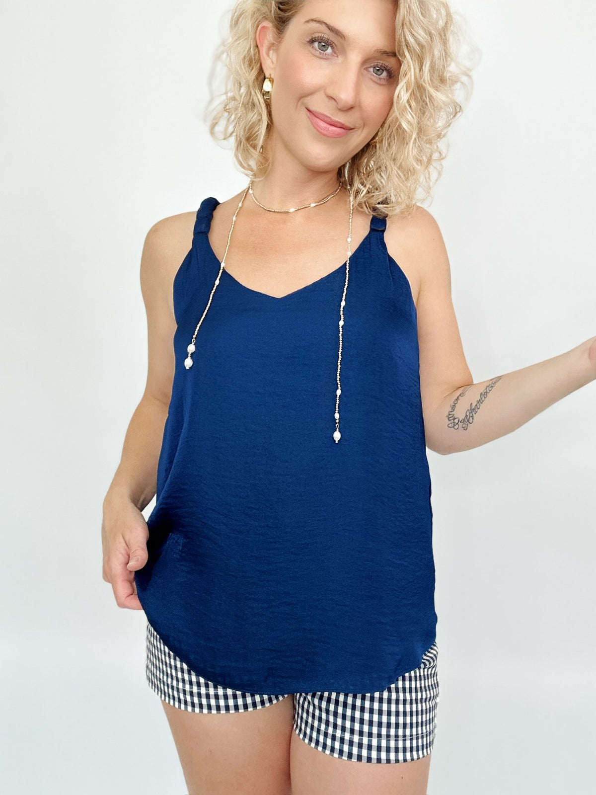 Gina V-neck Accent Strap Tank Navy