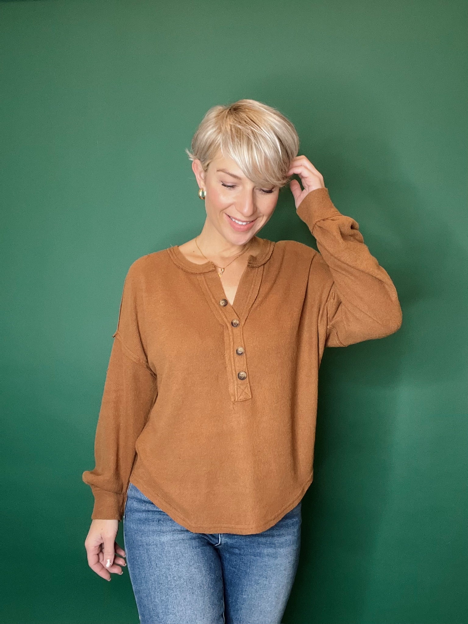 Selah V-Neck Half Button Long Sleeve Top Sienna