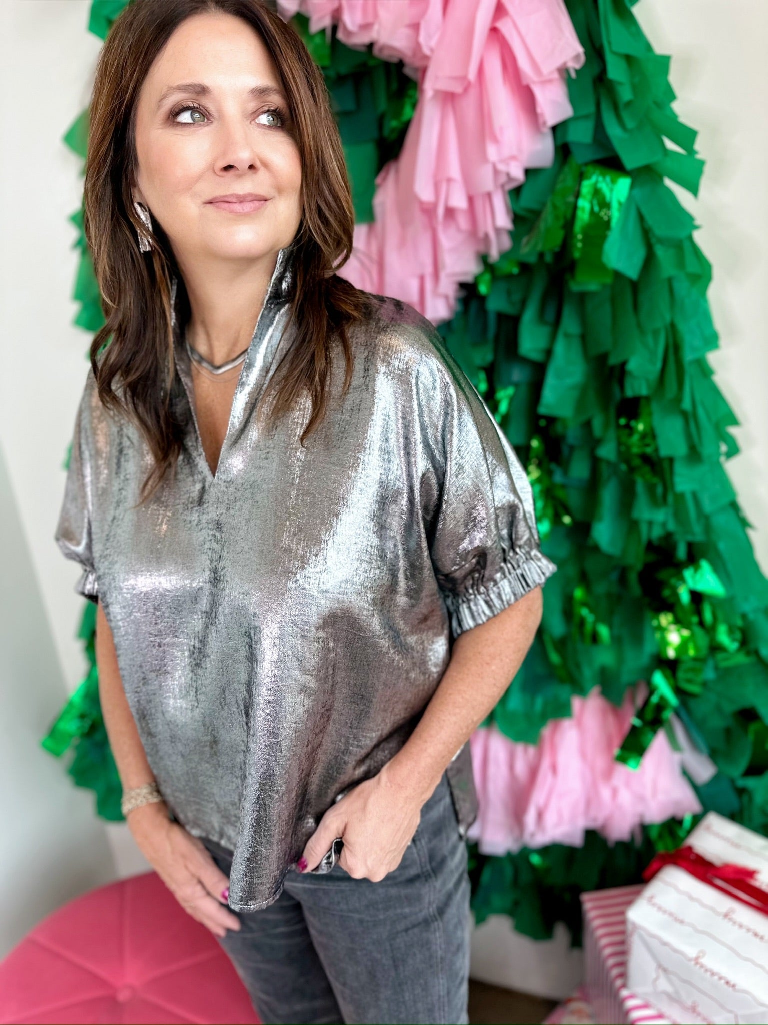 Eden Metallic Blouse Charcoal