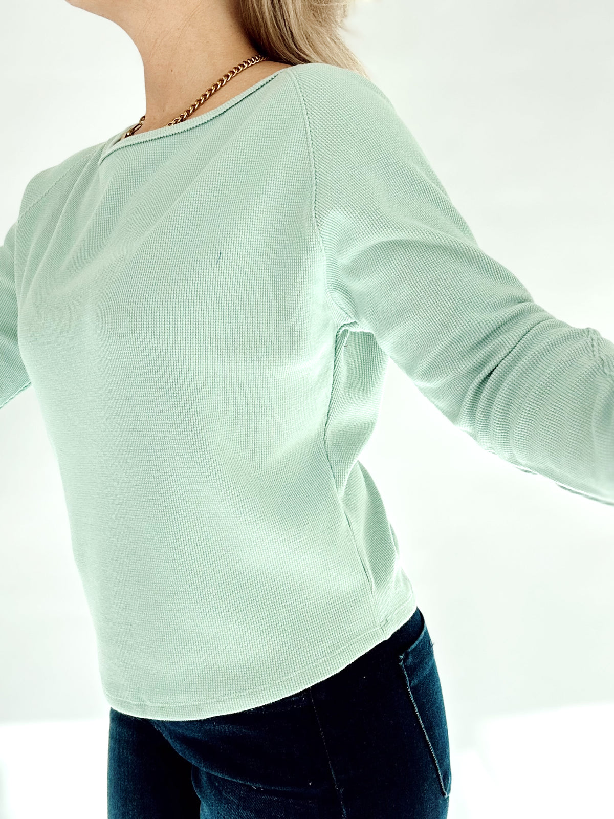 Mindy Thermal Knit Long Sleeve Top Aqua Blue