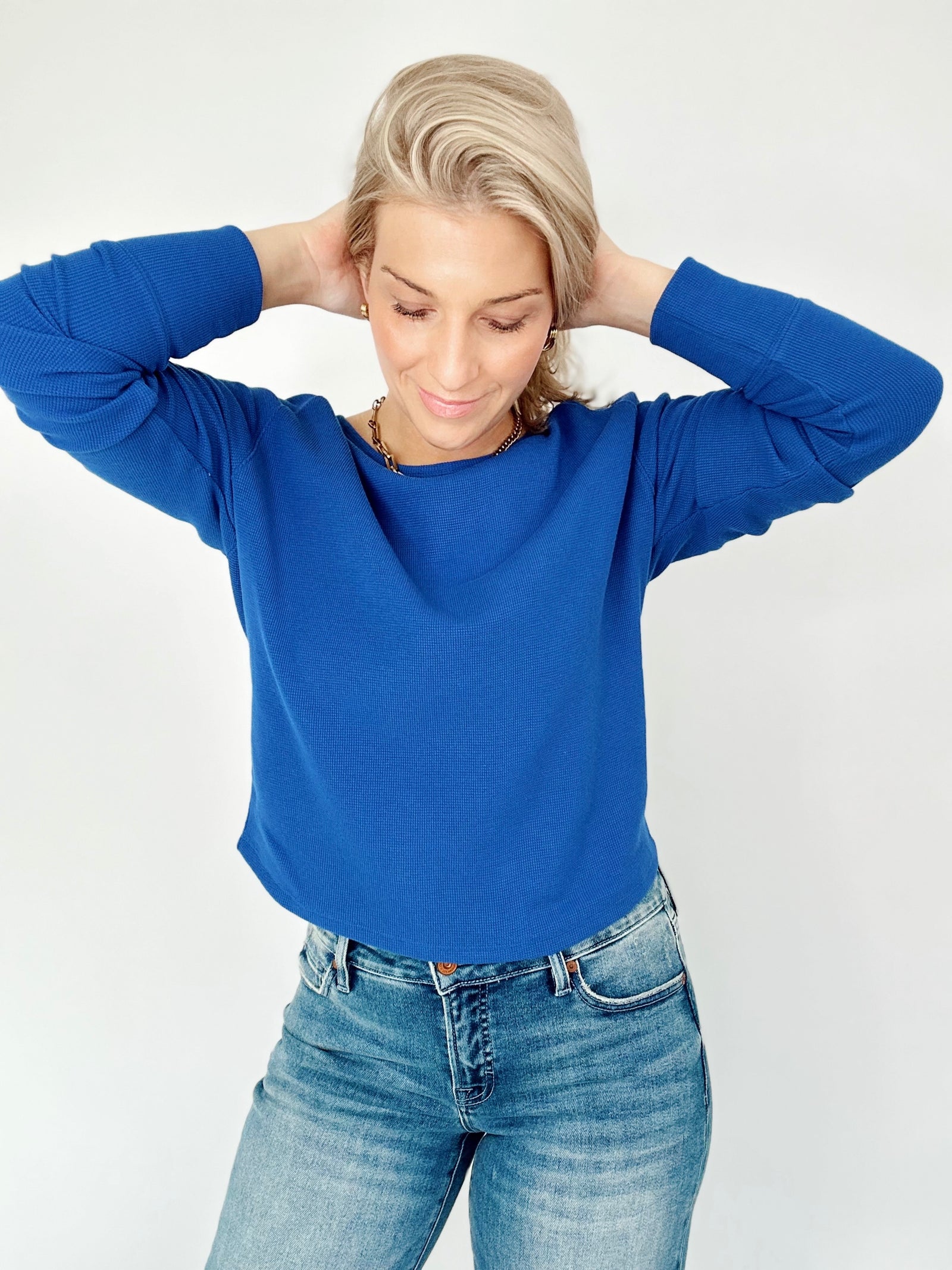Mindy Thermal Knit Long Sleeve Top Cobalt