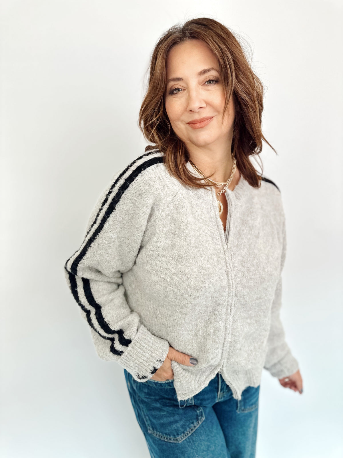 Reba Knit Sweater Zip-up Jacket H.Grey/Black