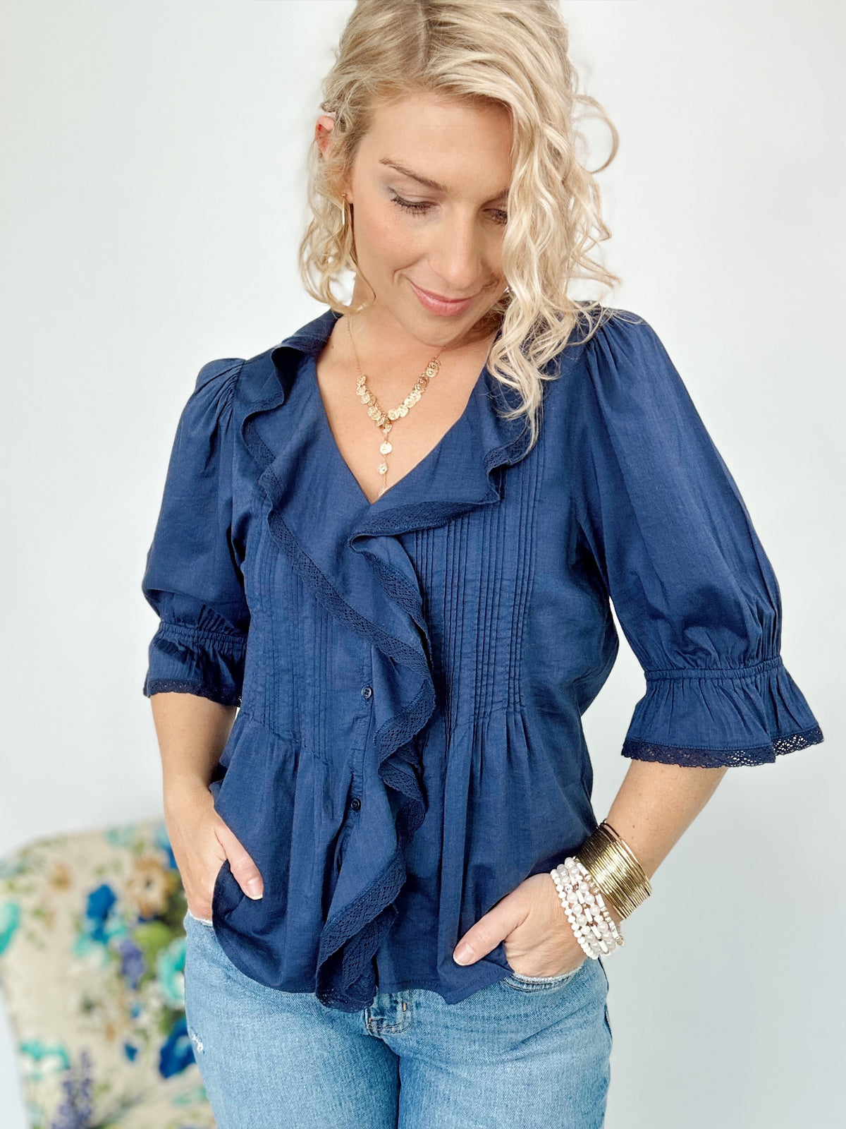 Raquel Ruffled Pintuck Blouse Indigo