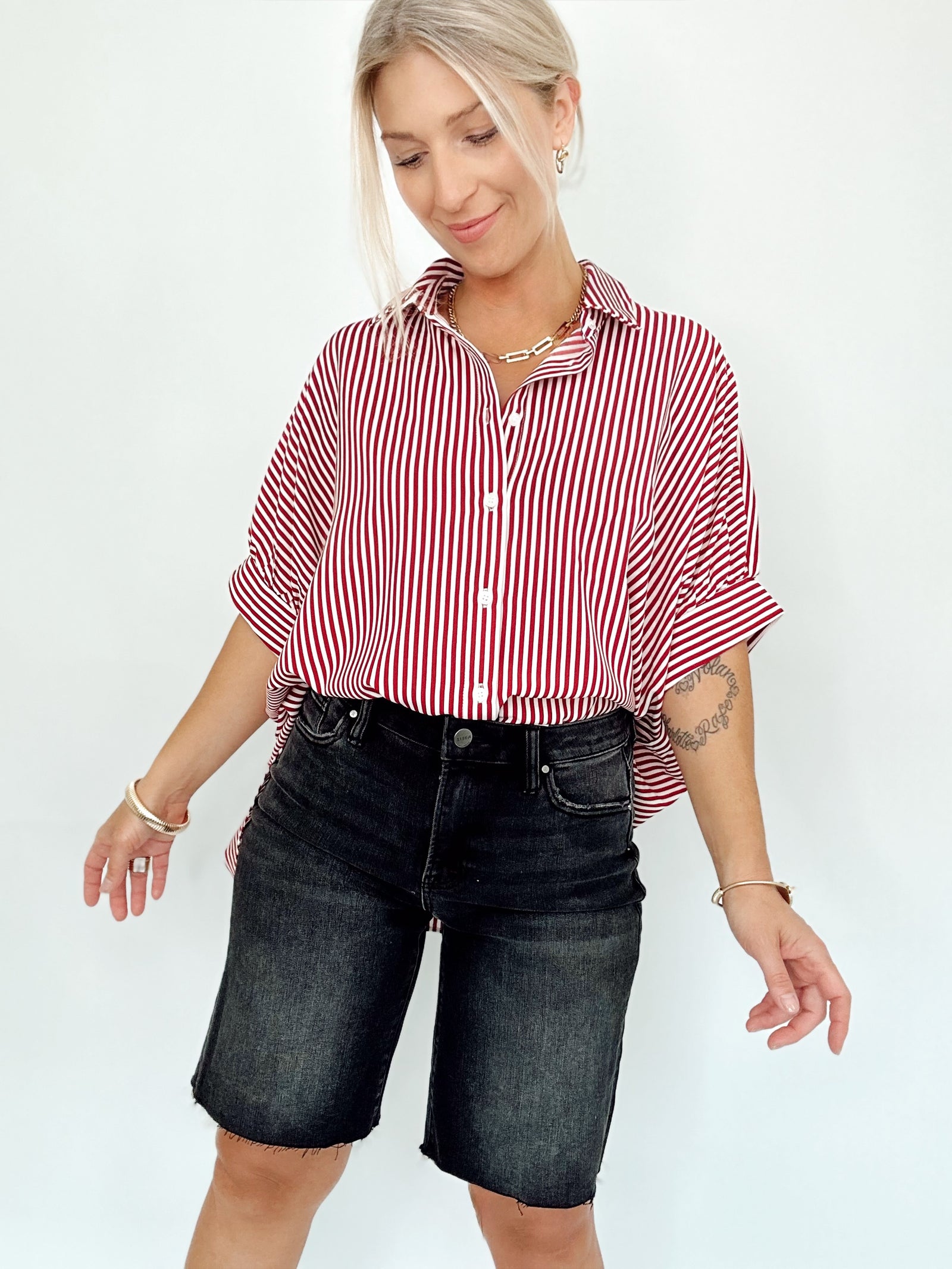 Ellen Button Down Stripe Shirt Red