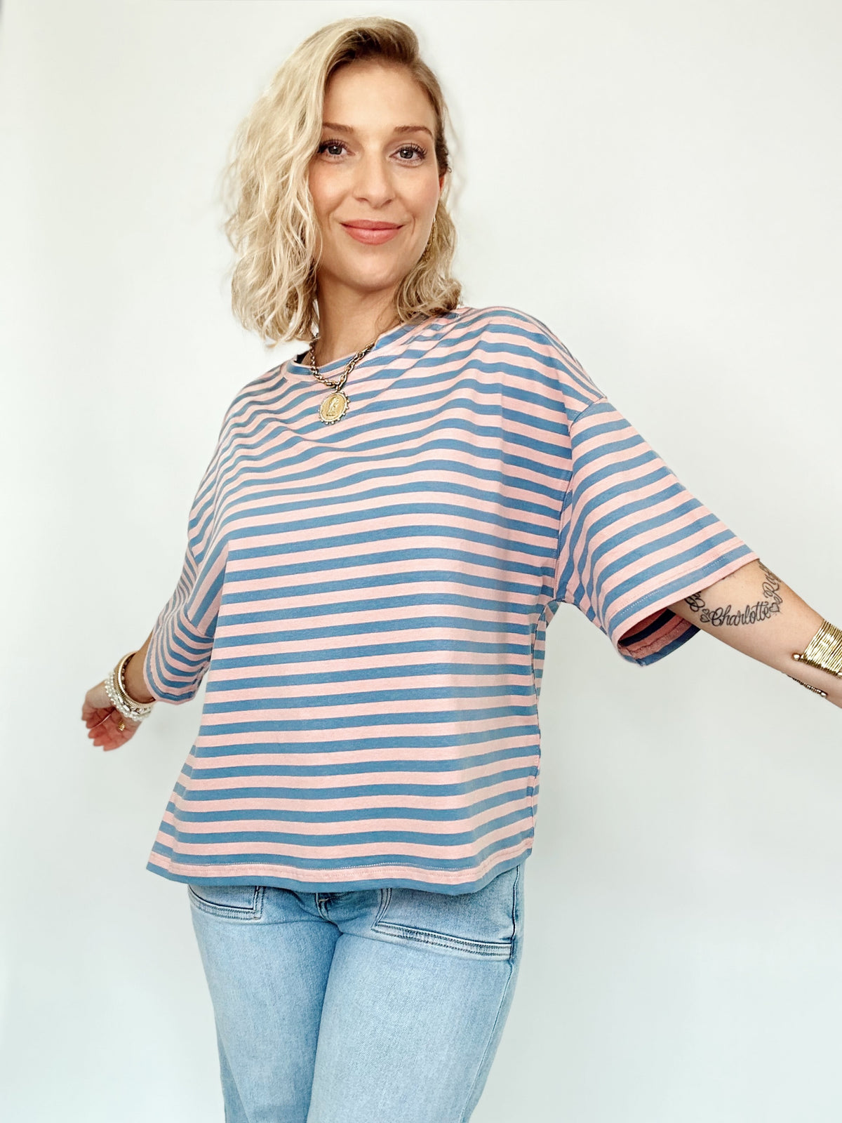 Vivian Stripe Oversized Boyfriend Tee Rose