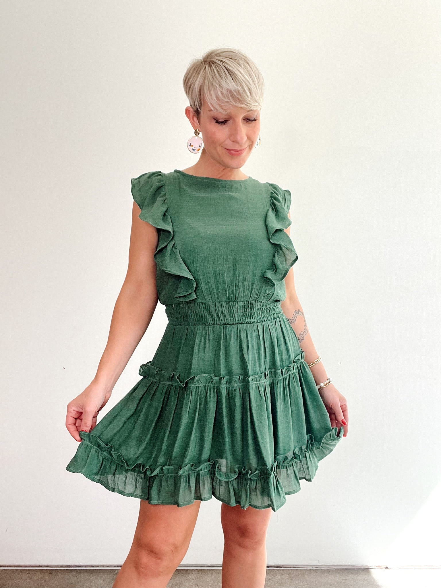 Anne Ruffled Mini Dress, Green