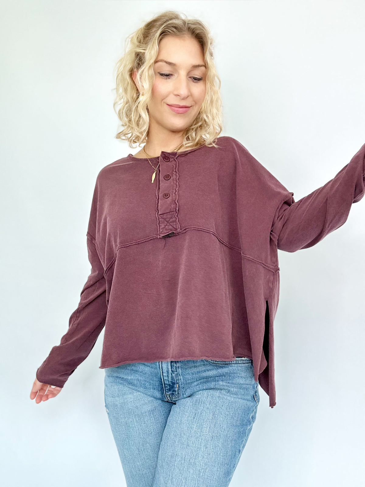 Nadia Oversized Henley Top Dark Cherry
