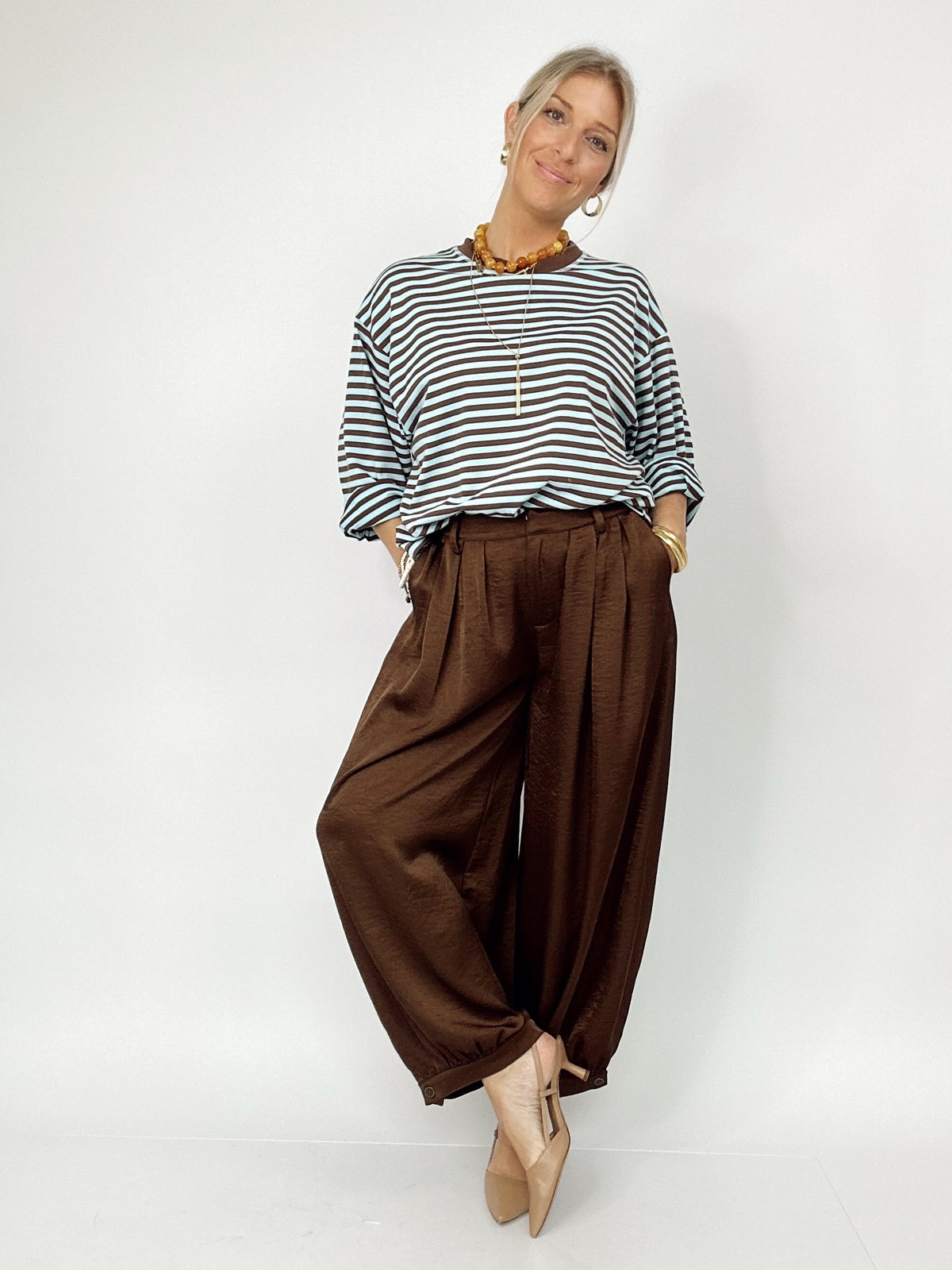 Della Satin Shirring Baggy Dress Pants Brown