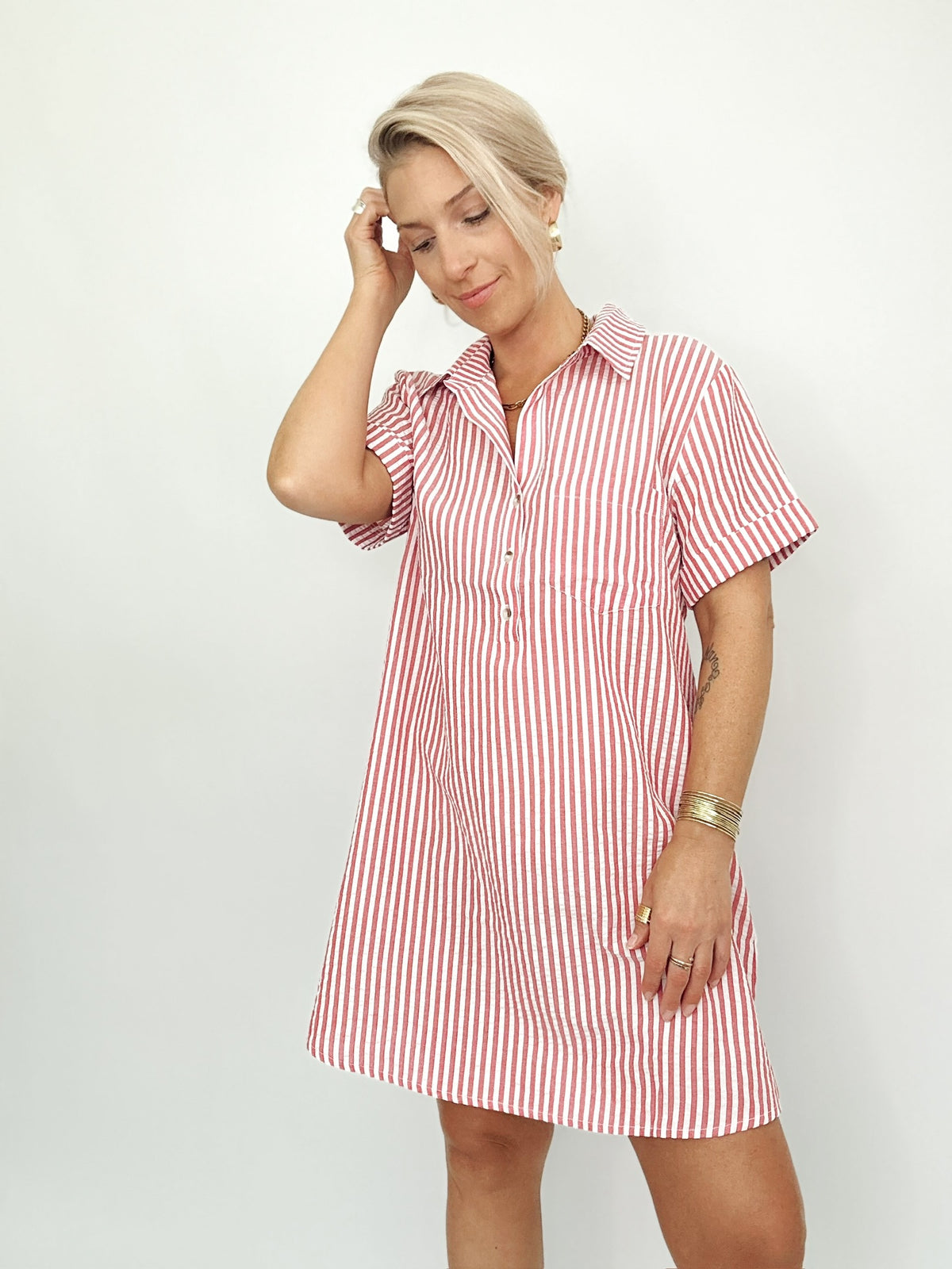 Macy Striped Shirt Dress Red/White