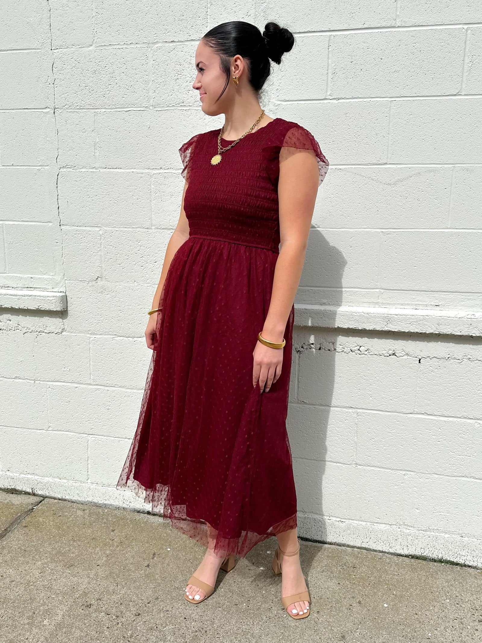 Tasha Polka Dot Chiffon Midi Dress Burgundy